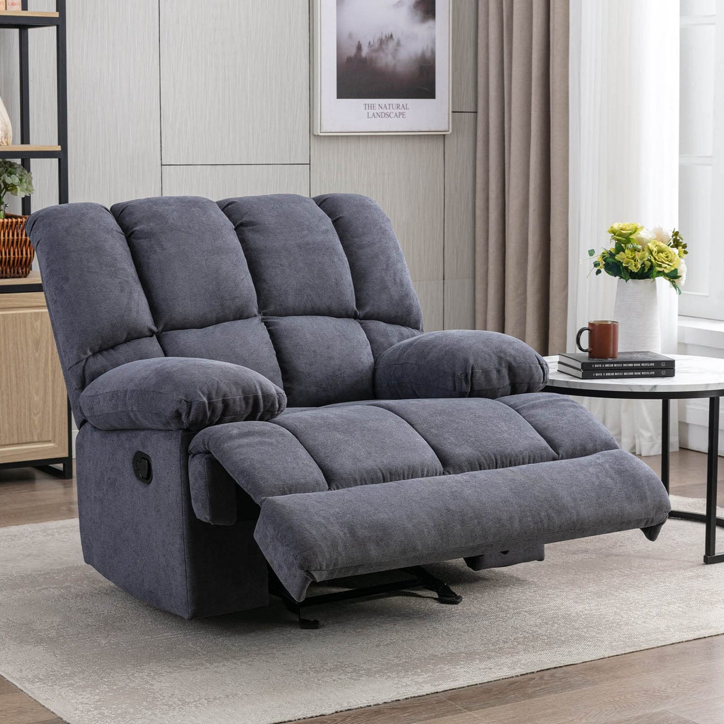 Oversized Rocker Recliner Chair, Manual Recliner Single Sofa Couch, Soft Fabric Overstuffed Rocking Chair for Living Room, Theater Seating for Big Man, Grey
