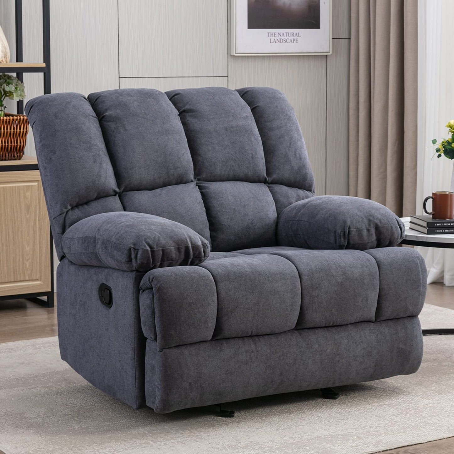 Oversized Rocker Recliner Chair, Manual Recliner Single Sofa Couch, Soft Fabric Overstuffed Rocking Chair for Living Room, Theater Seating for Big Man, Grey